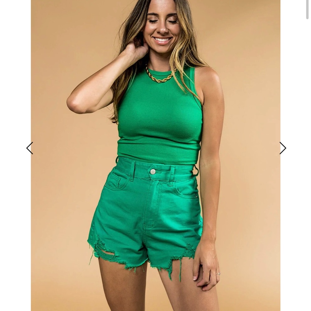 Distressed GREEN denim shorts- Dressed In LALA - made by Cloud Ten